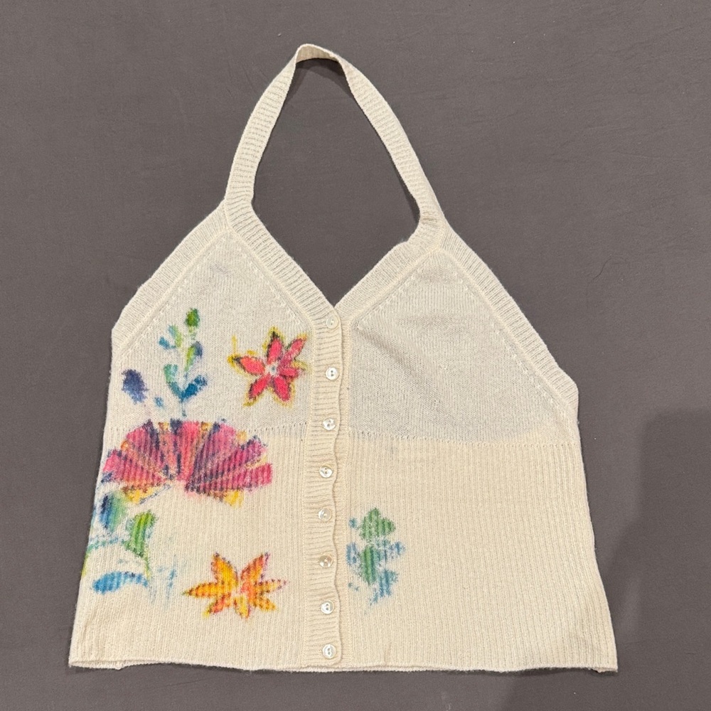 Elegant Floral Knit Halter Top - Cream